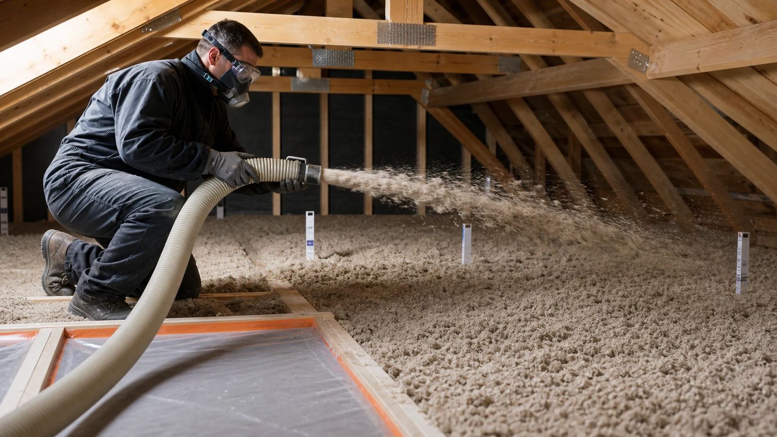 Soufflage homogène d’isolant en vrac sur un plancher de combles du Beauvaisis