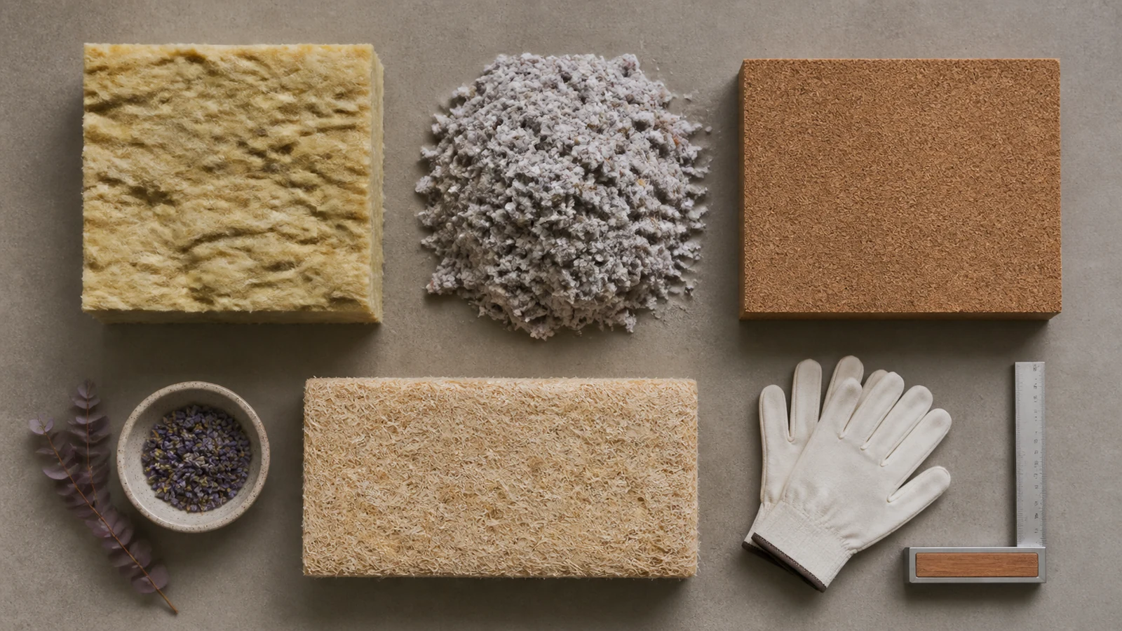 Échantillons de laine minérale, ouate de cellulose, fibre de bois et chanvre pour les combles