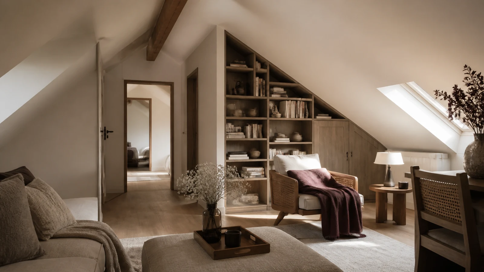 Pièce sous combles aménagés avec charpente apparente dans une maison à Chantilly