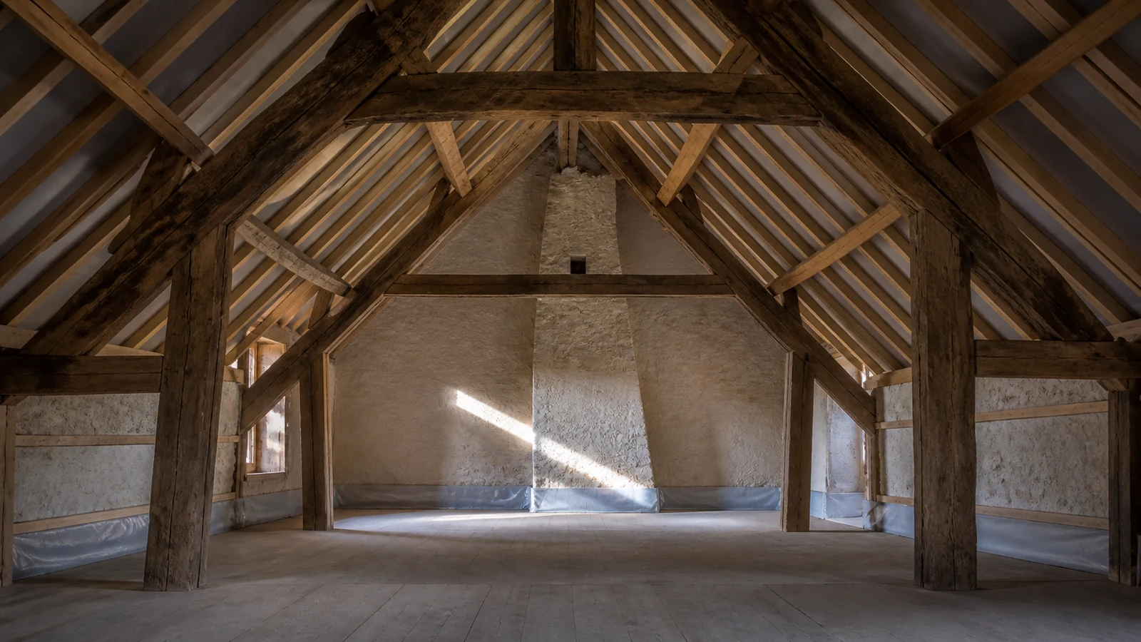 Charpente traditionnelle d’une maison de village près de Gerberoy préparée pour l’isolation